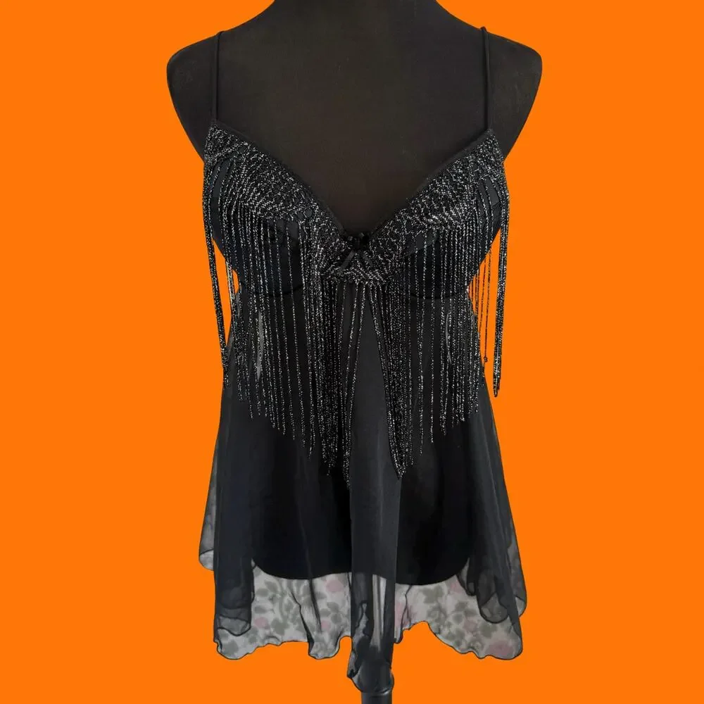 90's vintage black metallic fringe show girl Vegas glam y2k lingerie babydoll L